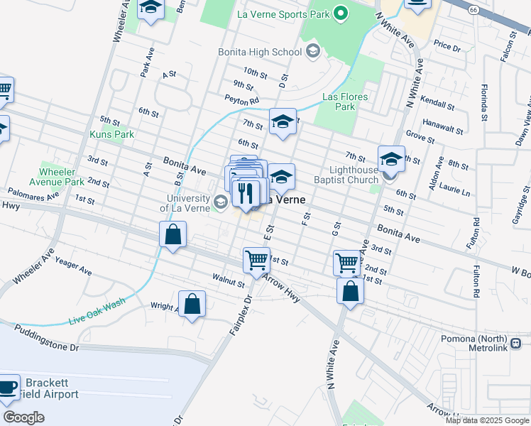 map of restaurants, bars, coffee shops, grocery stores, and more near 2141 2nd Street in La Verne