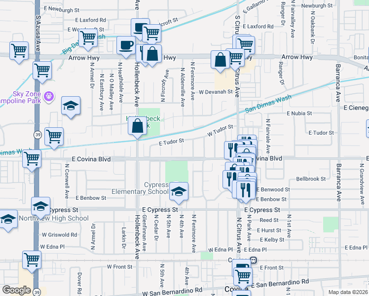 map of restaurants, bars, coffee shops, grocery stores, and more near 4803 North Aldenville Avenue in Covina