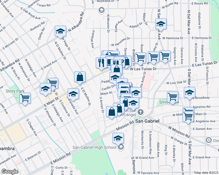 map of restaurants, bars, coffee shops, grocery stores, and more near 241 San Marcos Street in San Gabriel