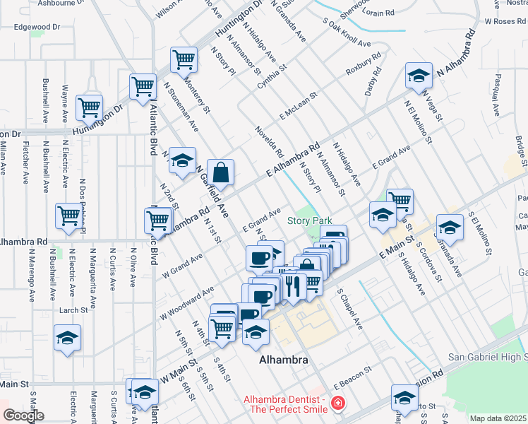 map of restaurants, bars, coffee shops, grocery stores, and more near 338 North Stoneman Avenue in Alhambra