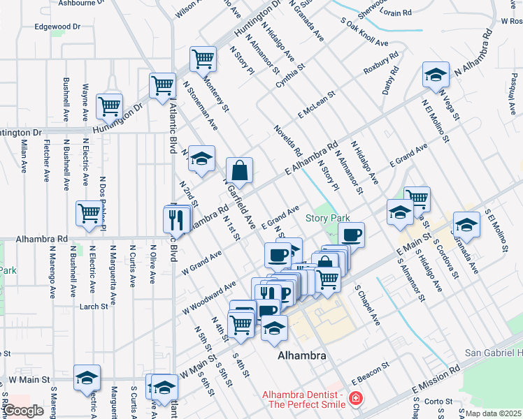 map of restaurants, bars, coffee shops, grocery stores, and more near 1 East Grand Avenue in Alhambra