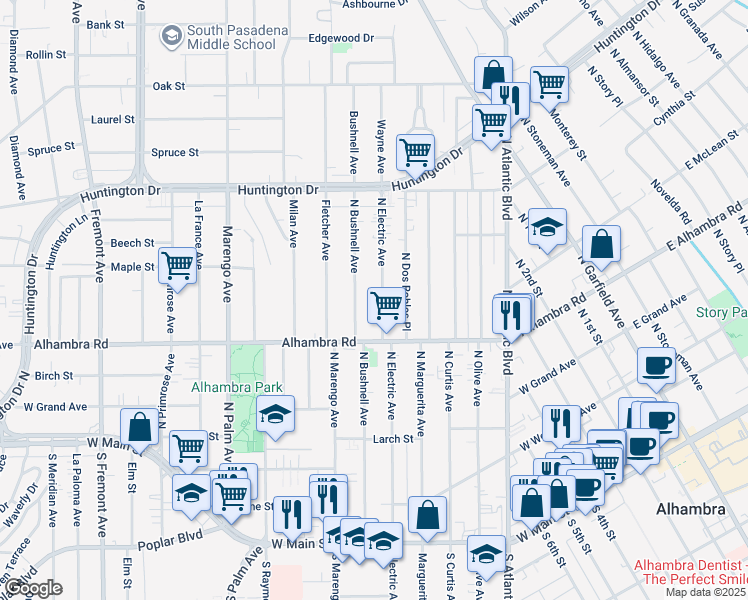 map of restaurants, bars, coffee shops, grocery stores, and more near 624 North Electric Avenue in Alhambra