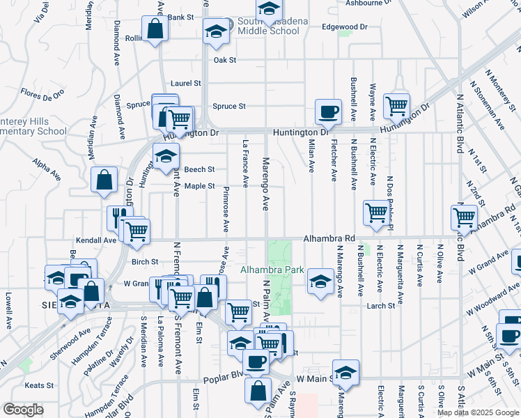 map of restaurants, bars, coffee shops, grocery stores, and more near 2048 La France Avenue in South Pasadena
