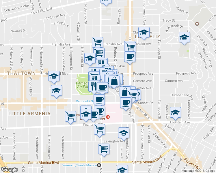 map of restaurants, bars, coffee shops, grocery stores, and more near 4610 Hollywood Boulevard in Los Angeles