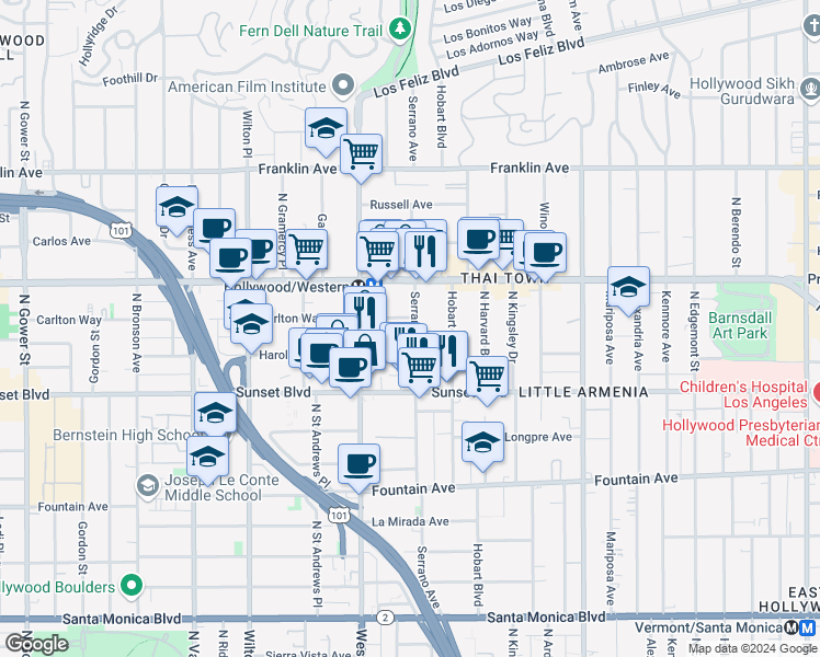 map of restaurants, bars, coffee shops, grocery stores, and more near 5425 Harold Way in Los Angeles