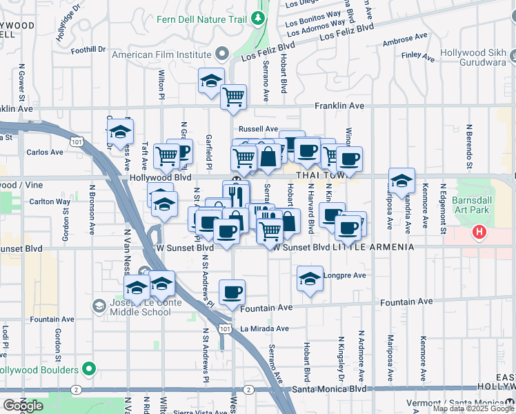 map of restaurants, bars, coffee shops, grocery stores, and more near 5425 Harold Way in Los Angeles