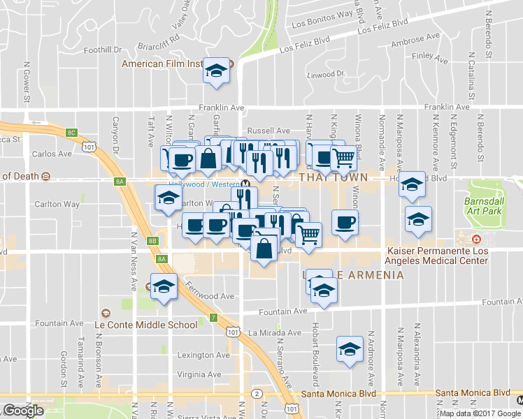 map of restaurants, bars, coffee shops, grocery stores, and more near 5425 Harold Way in Los Angeles