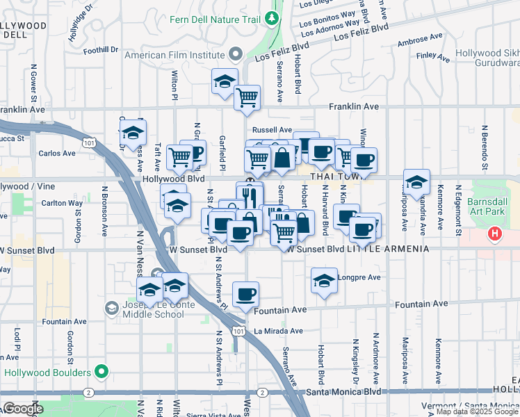 map of restaurants, bars, coffee shops, grocery stores, and more near 5425 Harold Way in Los Angeles