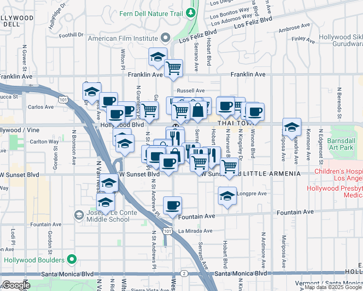 map of restaurants, bars, coffee shops, grocery stores, and more near 5425 Harold Way in Los Angeles