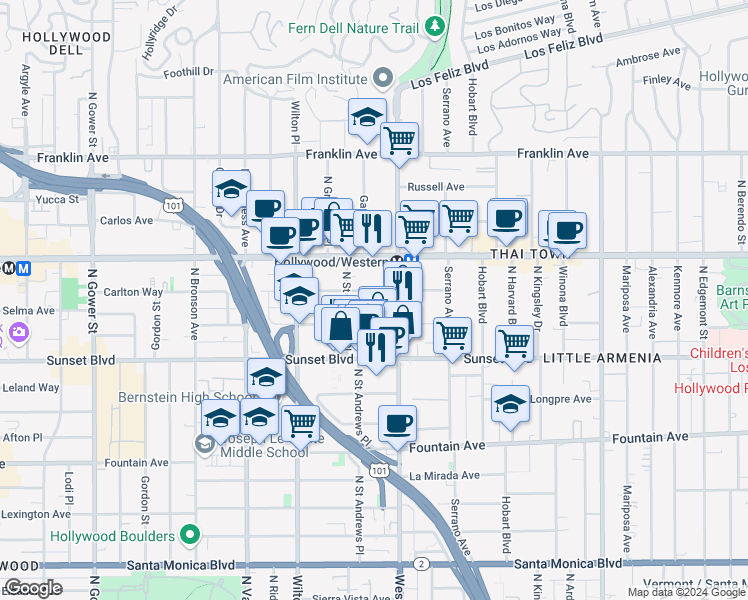 map of restaurants, bars, coffee shops, grocery stores, and more near 5543 1/2 Harold Way in Los Angeles