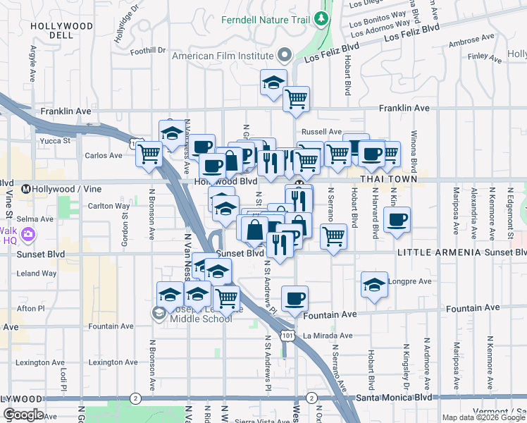 map of restaurants, bars, coffee shops, grocery stores, and more near 5543 1/2 Harold Way in Los Angeles