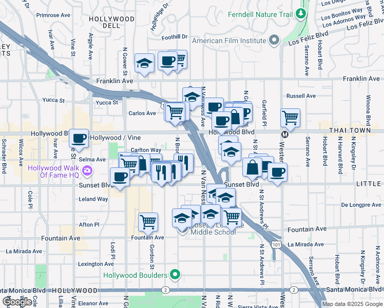 map of restaurants, bars, coffee shops, grocery stores, and more near 5831 Harold Way in Los Angeles