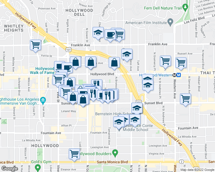 map of restaurants, bars, coffee shops, grocery stores, and more near 1545 Gordon Street in Los Angeles