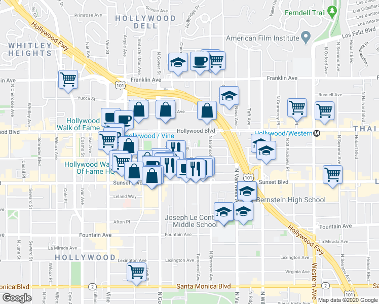 map of restaurants, bars, coffee shops, grocery stores, and more near 1545 Gordon Street in Los Angeles