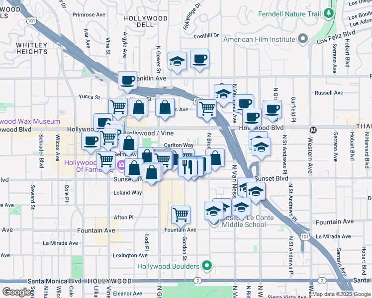 map of restaurants, bars, coffee shops, grocery stores, and more near 1545 Gordon Street in Los Angeles