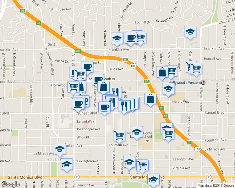 map of restaurants, bars, coffee shops, grocery stores, and more near 1545 Gordon Street in Los Angeles