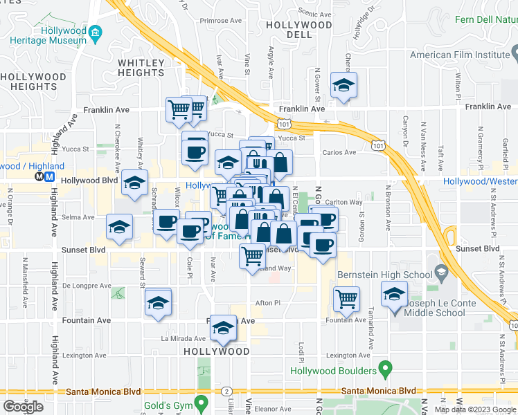 map of restaurants, bars, coffee shops, grocery stores, and more near 1540 Vine Street in Los Angeles