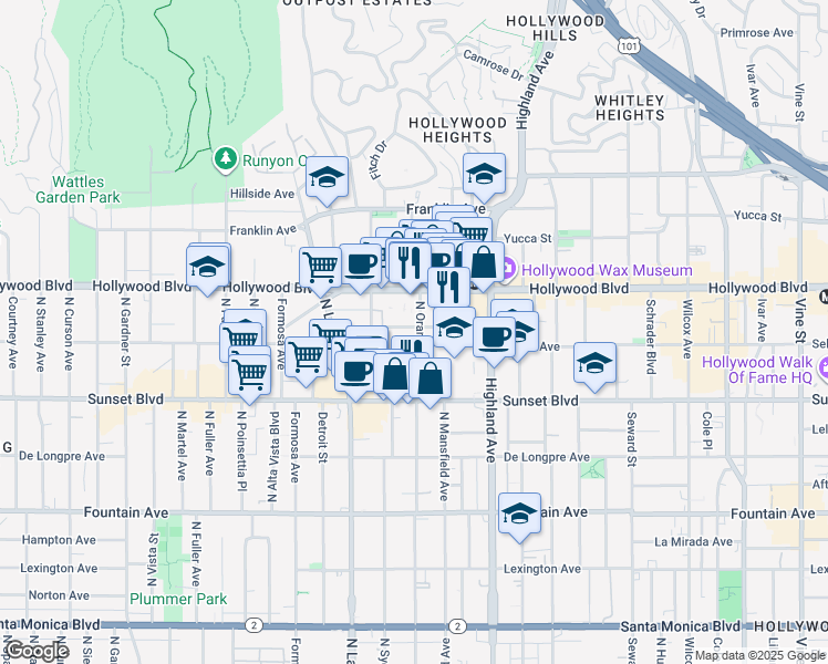 map of restaurants, bars, coffee shops, grocery stores, and more near 1530 North Orange Drive in Los Angeles