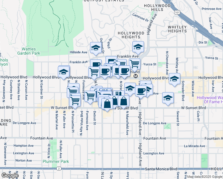 map of restaurants, bars, coffee shops, grocery stores, and more near 7027 Lanewood Avenue in Los Angeles