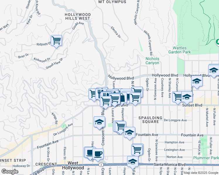 map of restaurants, bars, coffee shops, grocery stores, and more near in Los Angeles