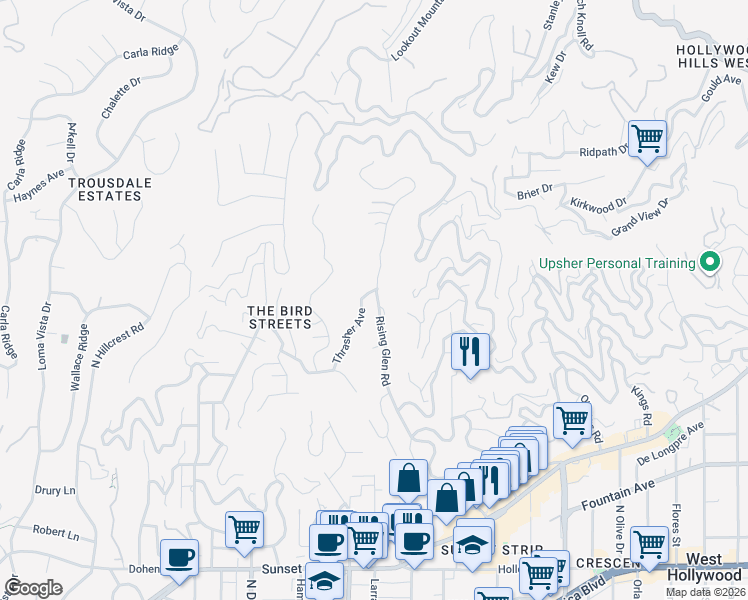 map of restaurants, bars, coffee shops, grocery stores, and more near 1533 Rising Glen Road in Los Angeles