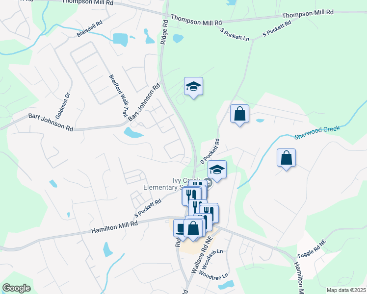 map of restaurants, bars, coffee shops, grocery stores, and more near 3301 Lindenridge Drive in Buford