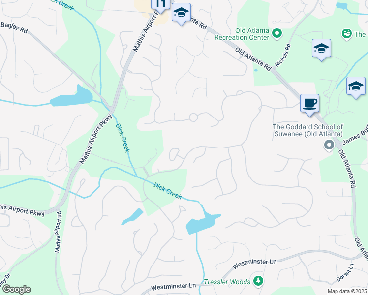 map of restaurants, bars, coffee shops, grocery stores, and more near 6640 Eastleigh Circle in Suwanee