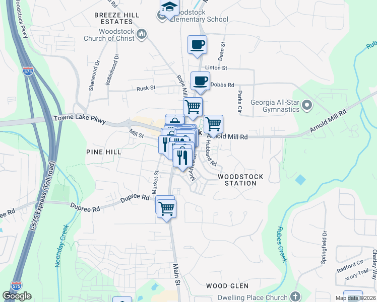 map of restaurants, bars, coffee shops, grocery stores, and more near 360 Chambers Street in Woodstock
