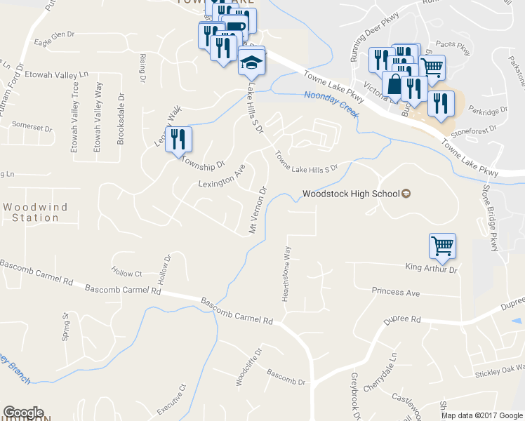 map of restaurants, bars, coffee shops, grocery stores, and more near 4027 Mount Vernon Drive in Woodstock