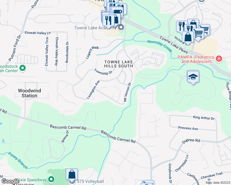 map of restaurants, bars, coffee shops, grocery stores, and more near 406 Mount Vernon Court in Woodstock