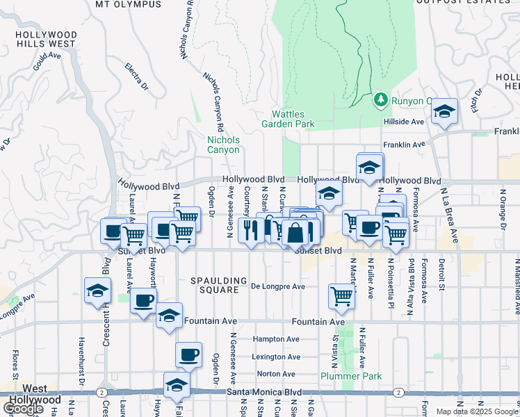 map of restaurants, bars, coffee shops, grocery stores, and more near 1609 North Stanley Avenue in West Hollywood