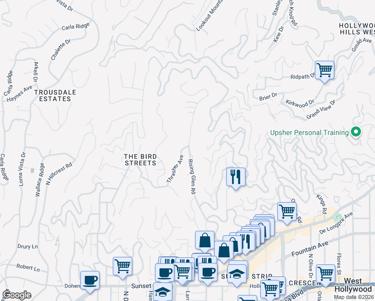 map of restaurants, bars, coffee shops, grocery stores, and more near 1533 Rising Glen Road in Los Angeles