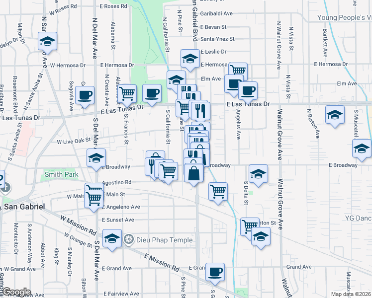 map of restaurants, bars, coffee shops, grocery stores, and more near 234 South Pine Street in San Gabriel