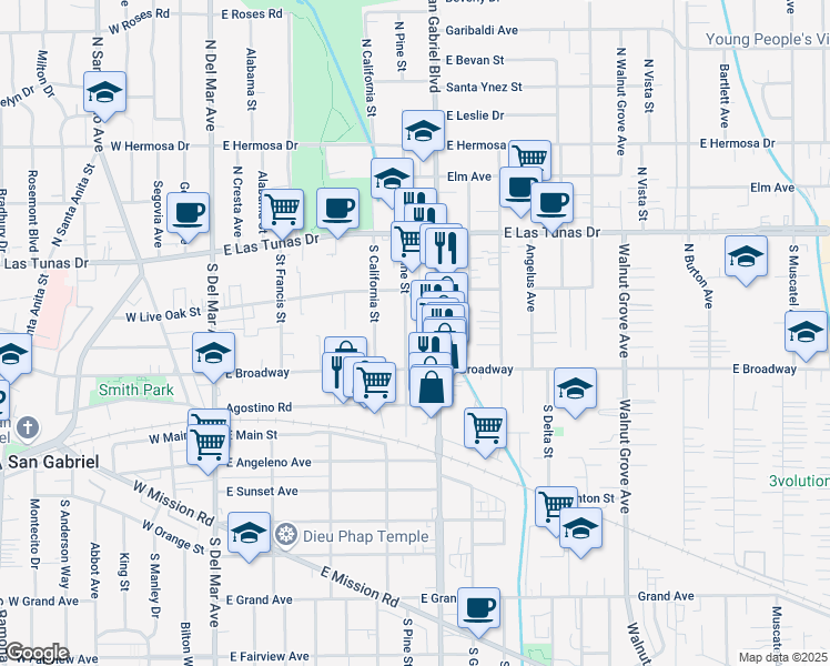 map of restaurants, bars, coffee shops, grocery stores, and more near 234 South Pine Street in San Gabriel