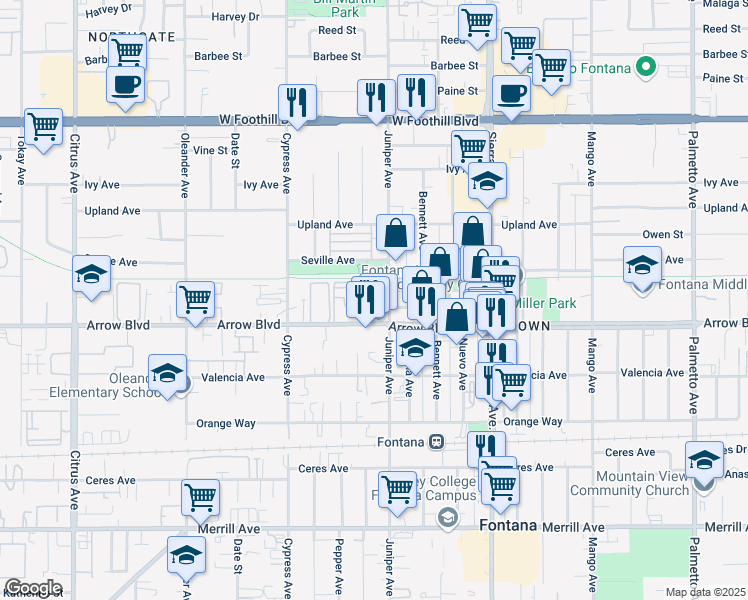 map of restaurants, bars, coffee shops, grocery stores, and more near 16674 Arrow Boulevard in Fontana