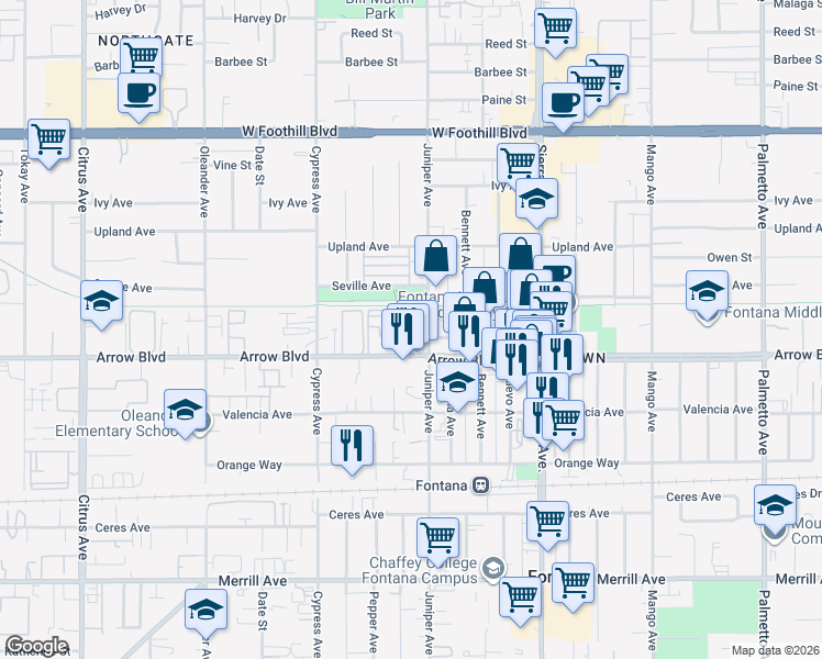 map of restaurants, bars, coffee shops, grocery stores, and more near 16650 Arrow Boulevard in Fontana