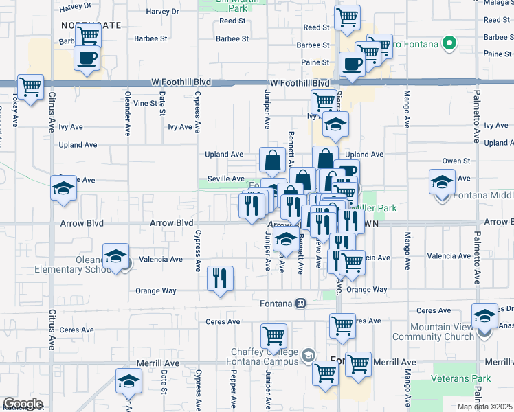 map of restaurants, bars, coffee shops, grocery stores, and more near 16650 Arrow Boulevard in Fontana