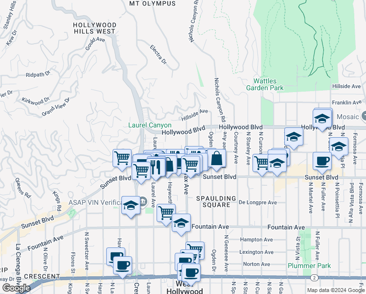 map of restaurants, bars, coffee shops, grocery stores, and more near 1609 North Fairfax Avenue in Los Angeles
