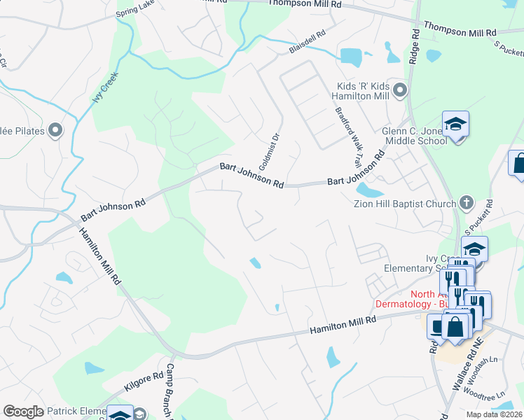 map of restaurants, bars, coffee shops, grocery stores, and more near 3511 Bogan Mill Road Northeast in Buford