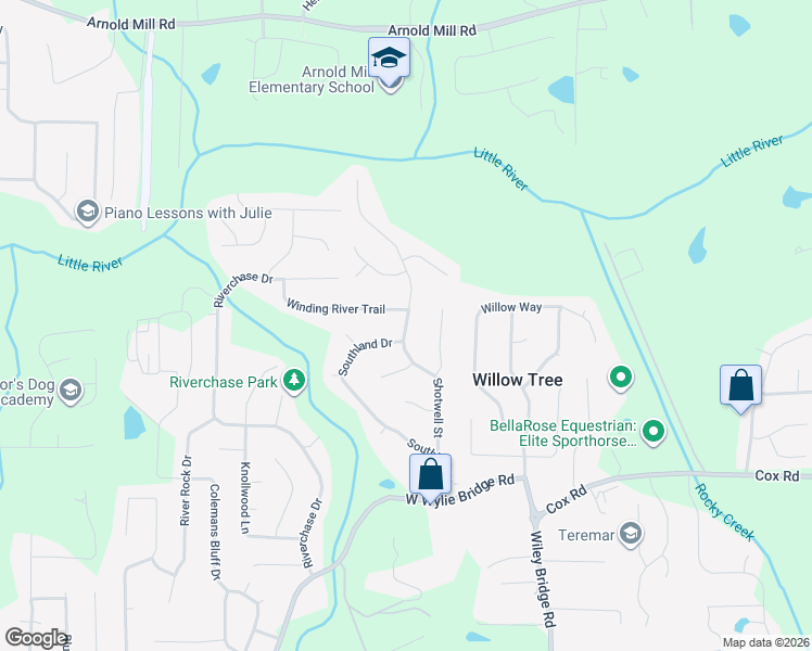 map of restaurants, bars, coffee shops, grocery stores, and more near 5123 Shotwell Street in Woodstock