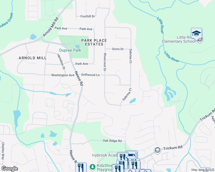 map of restaurants, bars, coffee shops, grocery stores, and more near 579 Rivercrest Drive in Woodstock