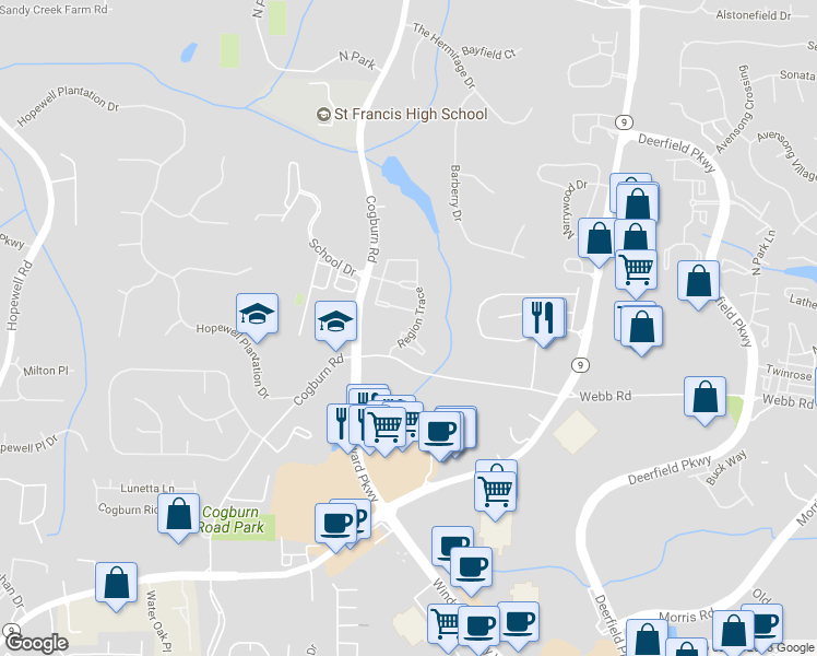 map of restaurants, bars, coffee shops, grocery stores, and more near 13100 Region Trace in Alpharetta