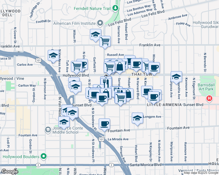 map of restaurants, bars, coffee shops, grocery stores, and more near 5440 Carlton Way in Los Angeles