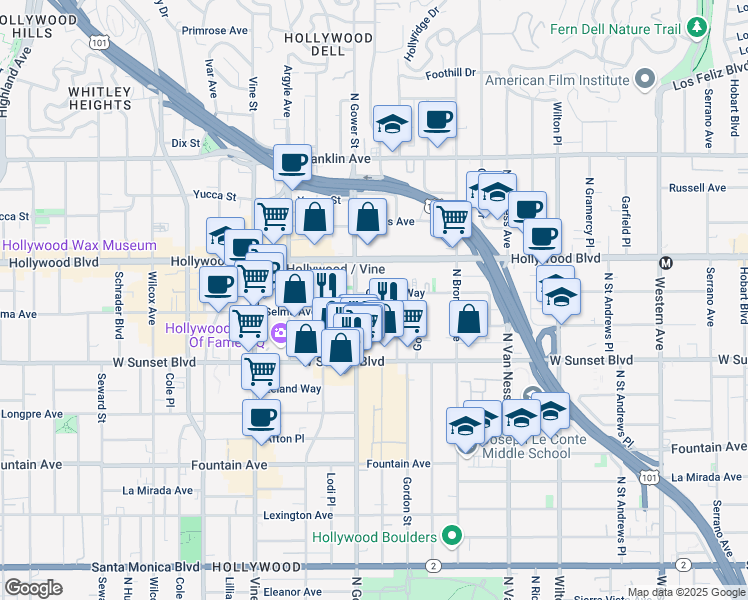 map of restaurants, bars, coffee shops, grocery stores, and more near 6078 Selma Avenue in Los Angeles