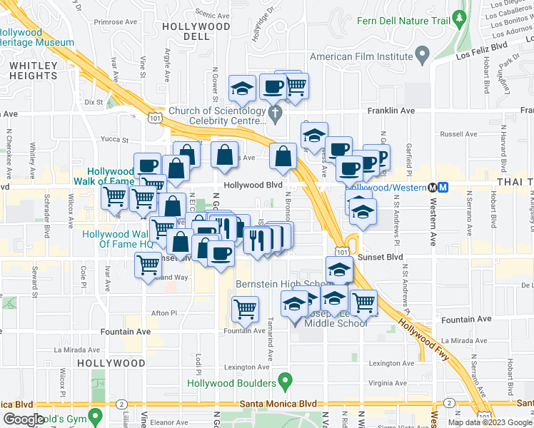 map of restaurants, bars, coffee shops, grocery stores, and more near 5936 Carlton Way in Los Angeles
