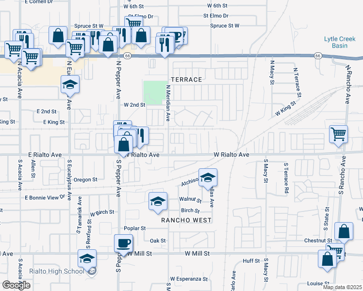 map of restaurants, bars, coffee shops, grocery stores, and more near 2640 West Rialto Avenue in San Bernardino