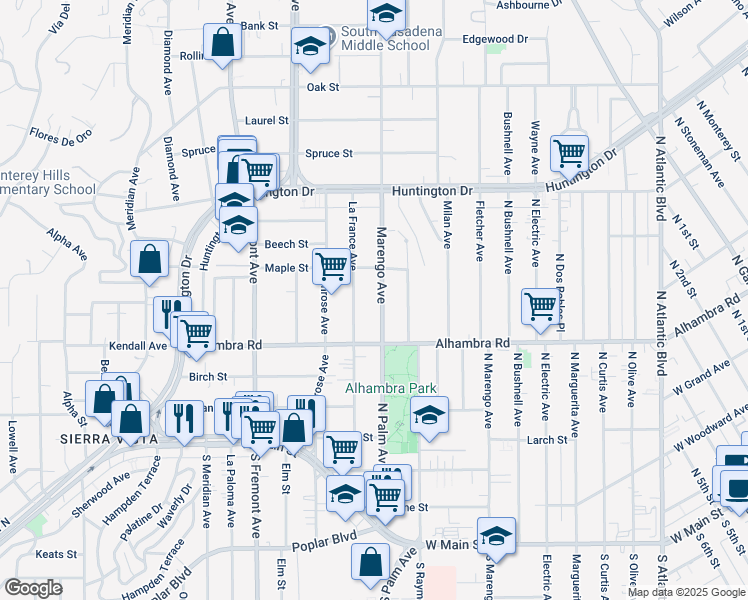 map of restaurants, bars, coffee shops, grocery stores, and more near 2048 La France Avenue in South Pasadena