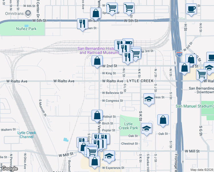 map of restaurants, bars, coffee shops, grocery stores, and more near 122 South Giovanola Avenue in San Bernardino