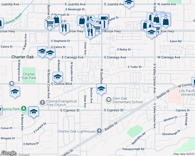 map of restaurants, bars, coffee shops, grocery stores, and more near 2054 West Greenhaven Street in Covina