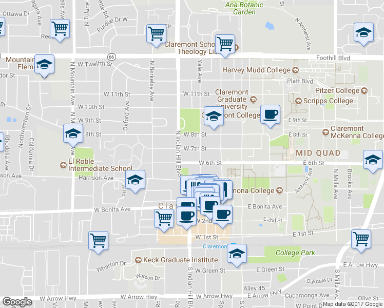 map of restaurants, bars, coffee shops, grocery stores, and more near 328 West 7th Street in Claremont